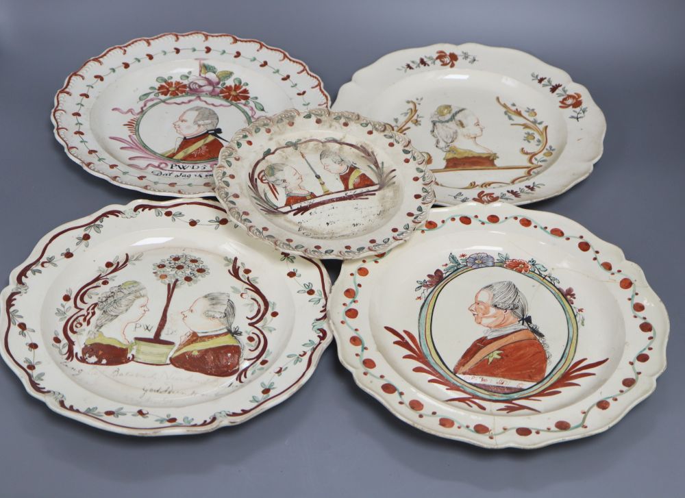 Five Leeds creamware Dutch-decorated orangist portrait plates, late 18th century, four are 25cm